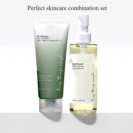 Anua Skin Care Set, Heartleaf Face Wash Cleaner Foam & Deep Cleaning Pore Control Makeup Cleansing Oil